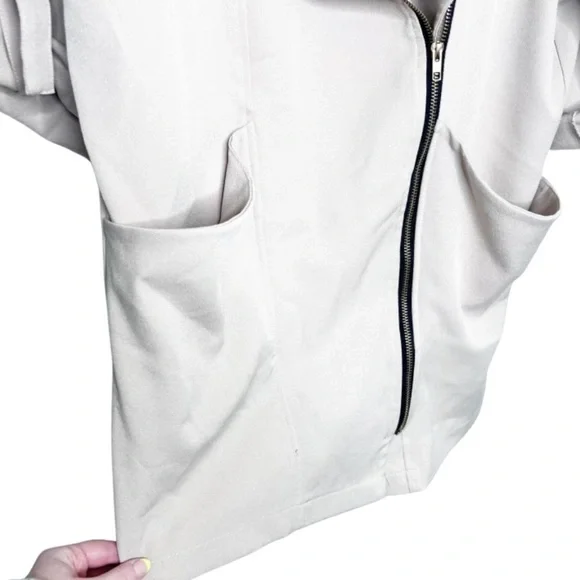 Womens Asymmetrical Zip Jacket Draped Collar Rolled Sleeve Beige Size MM - Picture 6 of 16